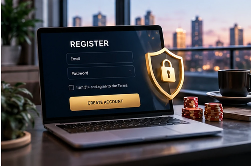 Laptop showing a casino account registration and security screen