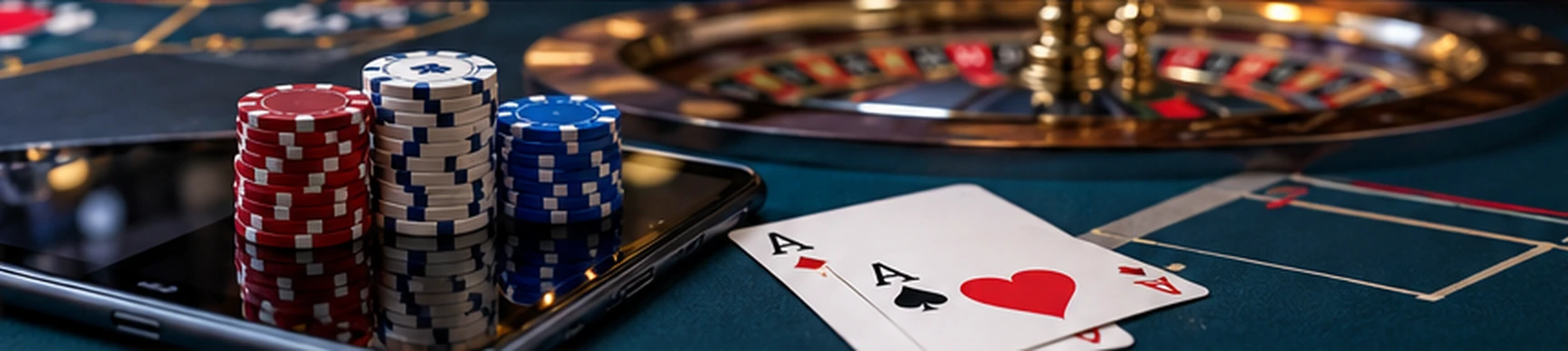 Casino table with playing cards roulette wheel and chips