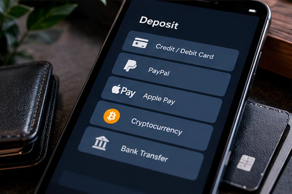 Smartphone displaying online casino deposit payment choices