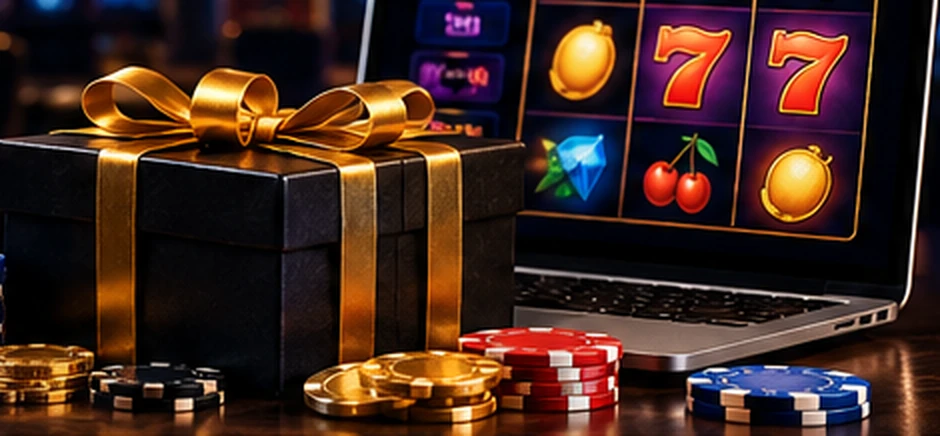 Gift box and casino chips beside an online casino laptop