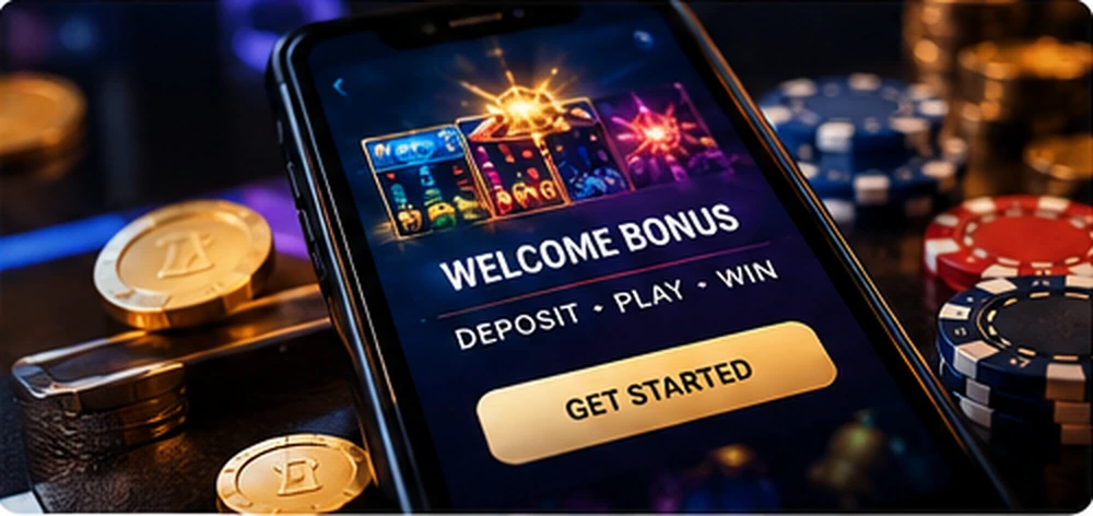Smartphone showing a casino welcome promotion beside casino chips