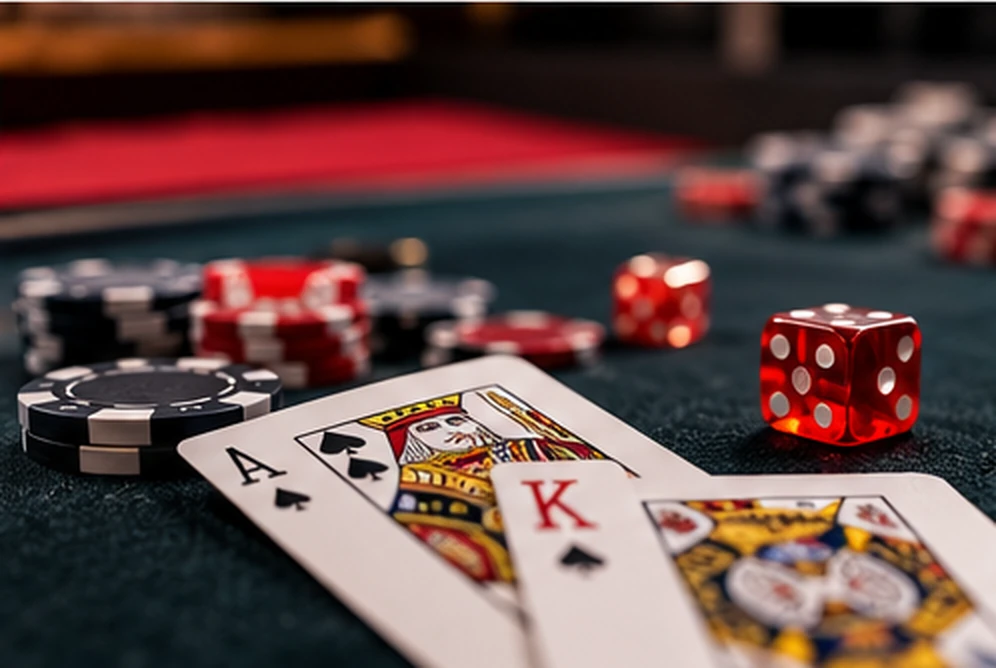 Poker cards and casino chips on a green gaming table