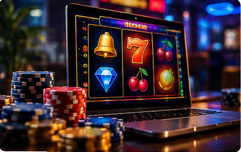Online casino slot machine screen with colorful reels and casino chips