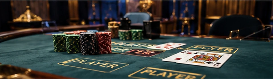 Cards and chips arranged on a traditional live casino table.