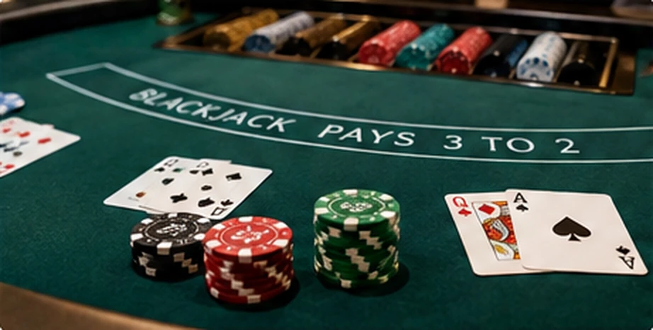 Blackjack felt table with playing cards and stacked casino chips