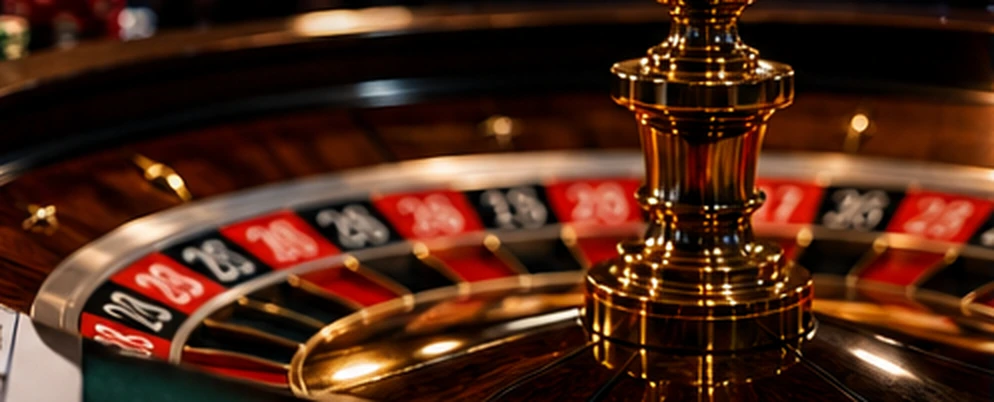 Roulette wheel and gaming chips under soft casino lighting