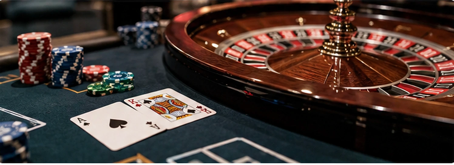 Roulette wheel, blackjack cards and gaming chips on a traditional casino table