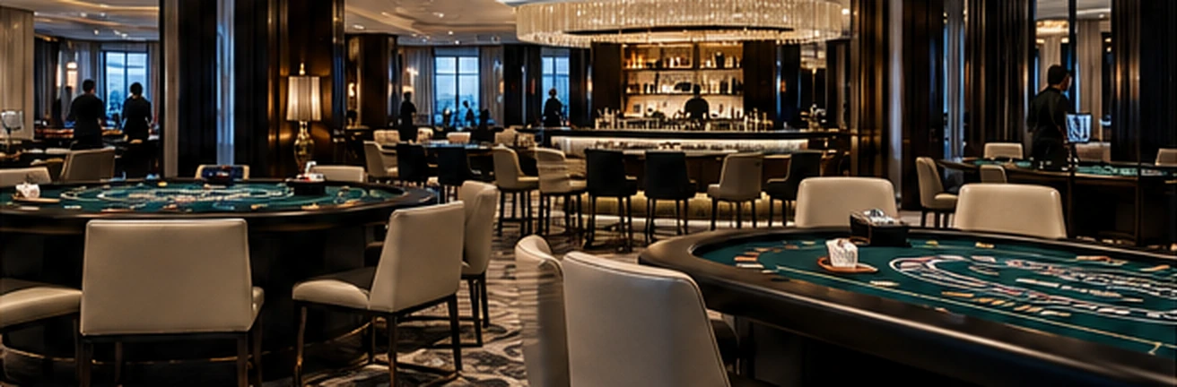 Traditional casino lounge interior with roulette and blackjack gaming tables