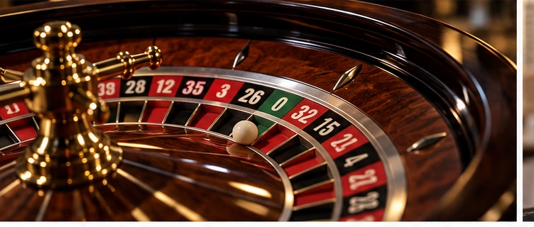 Close-up of a roulette wheel in a traditional casino setting