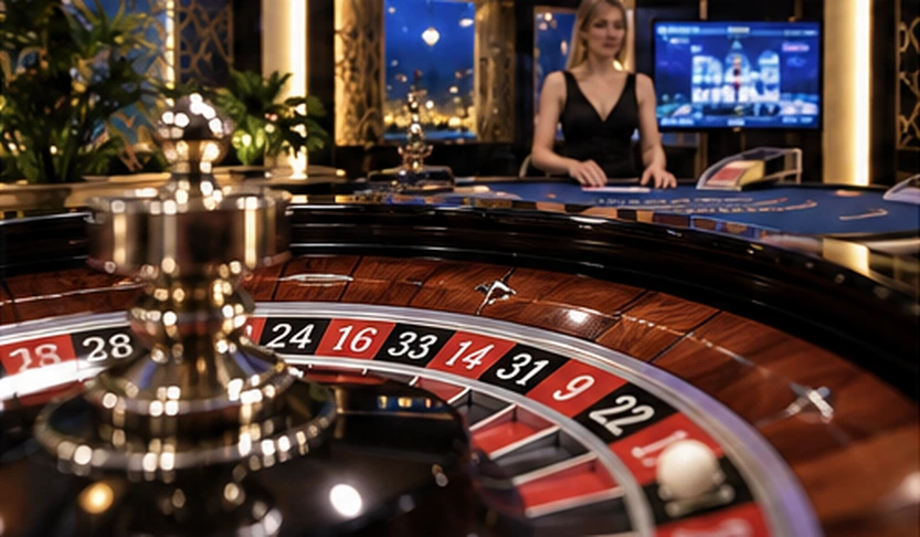 Physical roulette wheel at a live casino table.