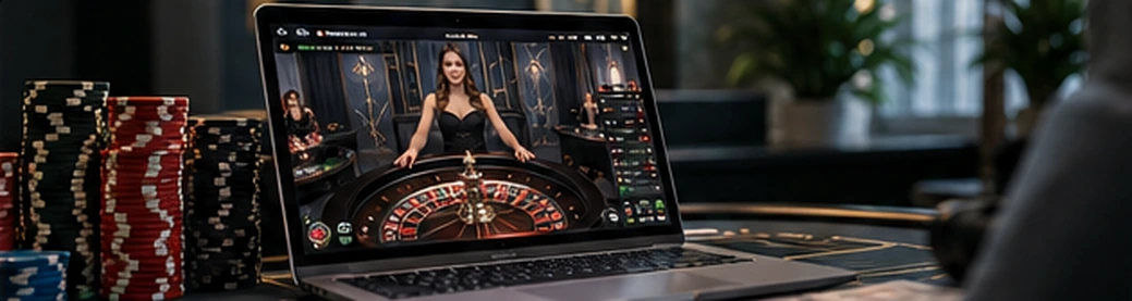 Casino cards and gaming chips in an online casino setting.
