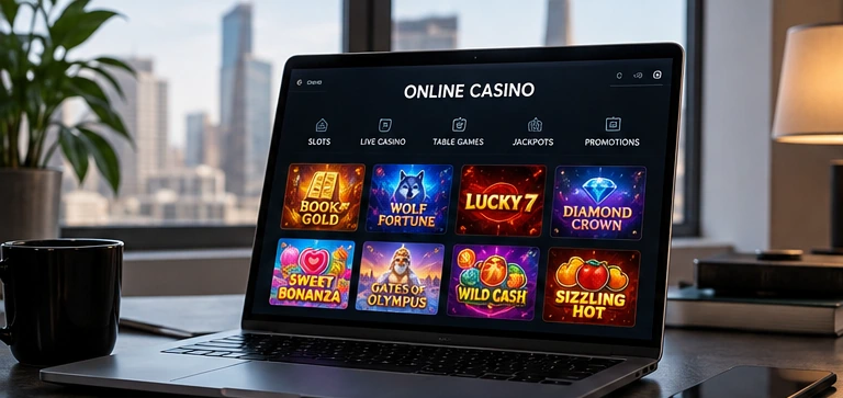 Online casino games on a laptop in a modern home setting