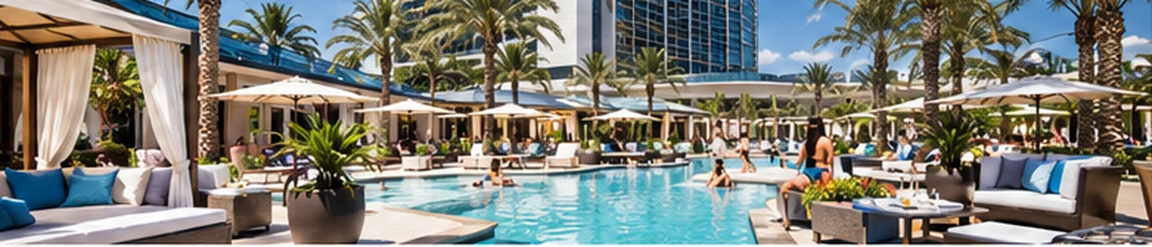 Dayclub pool with cabanas and resort landscaping