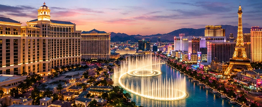 Las Vegas Strip resort skyline and illuminated Bellagio fountains at dusk