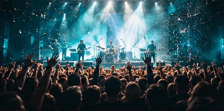 Live band performing on a concert stage with an audience
