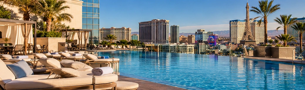Upscale hotel swimming pool with loungers and surrounding resort buildings