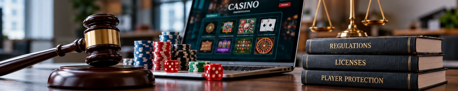 Casino gaming regulation represented by legal scales, documents, and gambling equipment