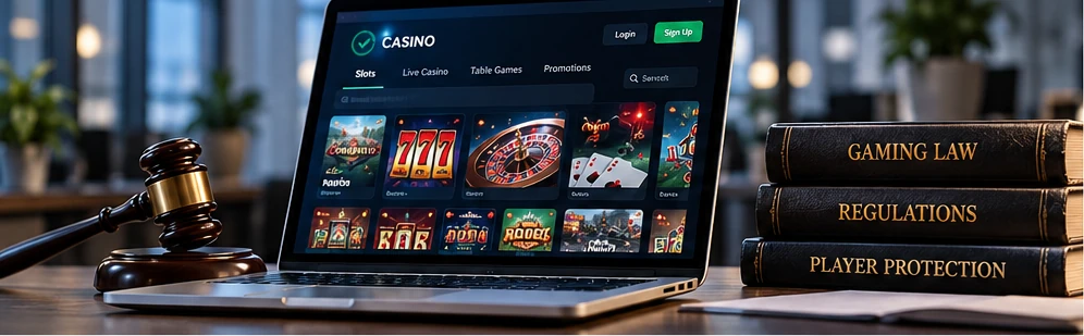 Online casino interface with gaming law reference books and a regulator’s gavel