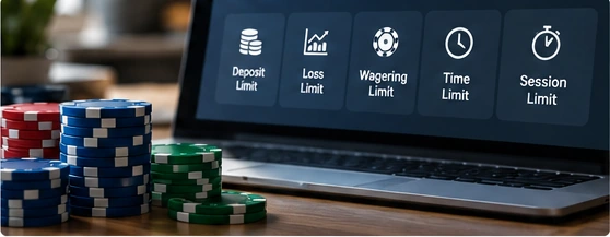 Online casino computer and casino chips illustrating wager and spending controls