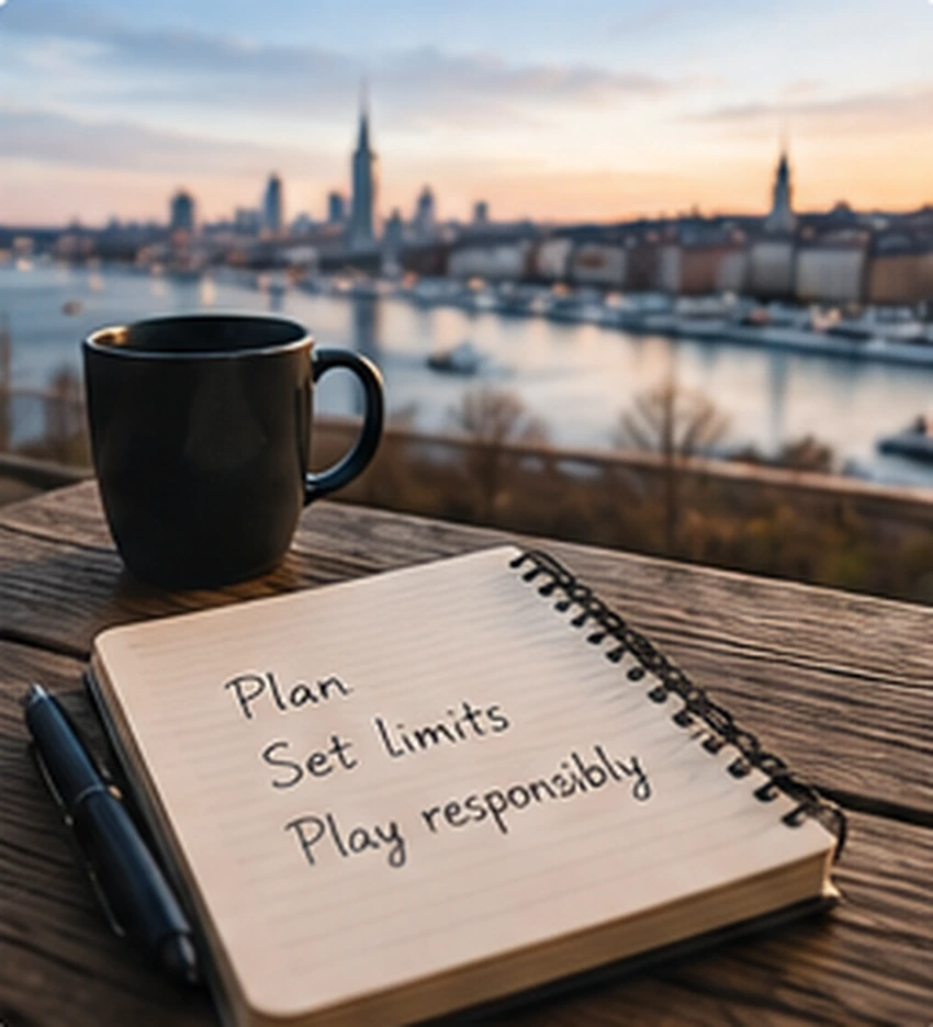 Notebook and coffee beside a city window representing planning and taking a break