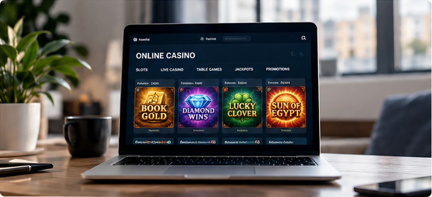 Laptop displaying an online casino interface in a naturally lit home setting