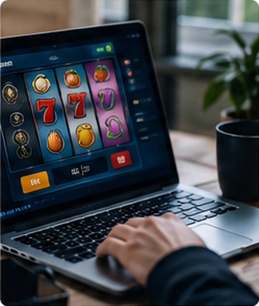 Close view of online casino slot games on a laptop