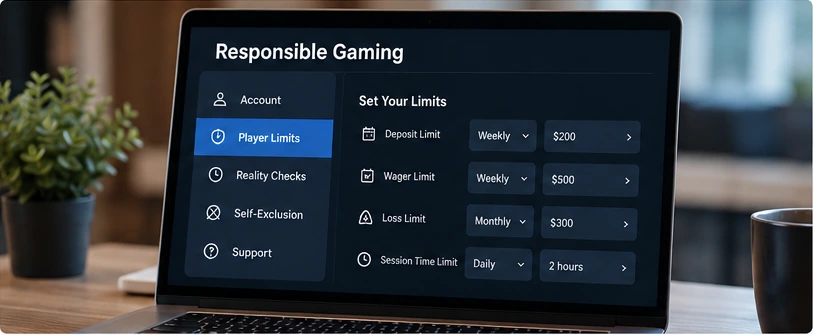 Laptop showing responsible gaming limit controls in a contemporary online casino interface