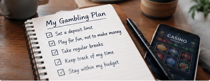 Personal responsible gaming checklist and online casino games on a phone