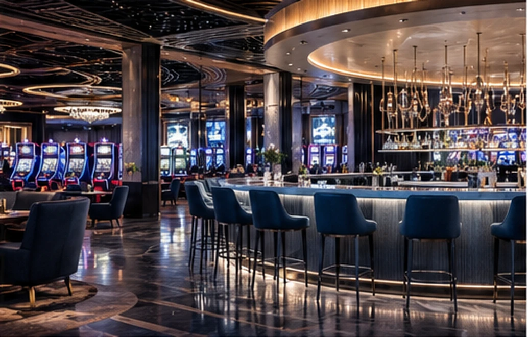 Casino lounge bar with upholstered stools and a softly lit gaming floor