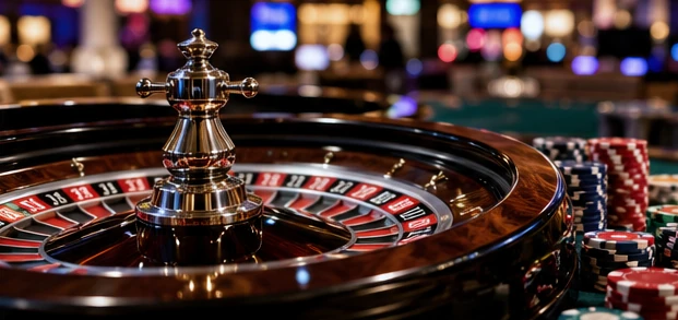 Traditional roulette equipment and casino chips on a gaming table.