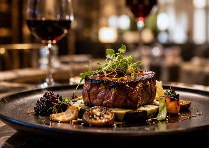 A carefully prepared steak course in a refined resort restaurant.