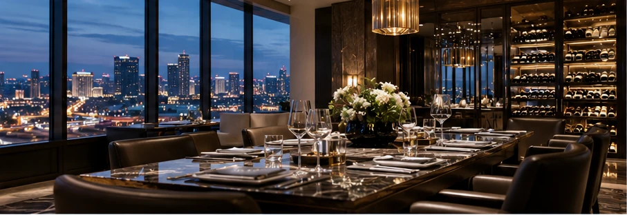 Private dining room overlooking a city skyline, suited to a special occasion.