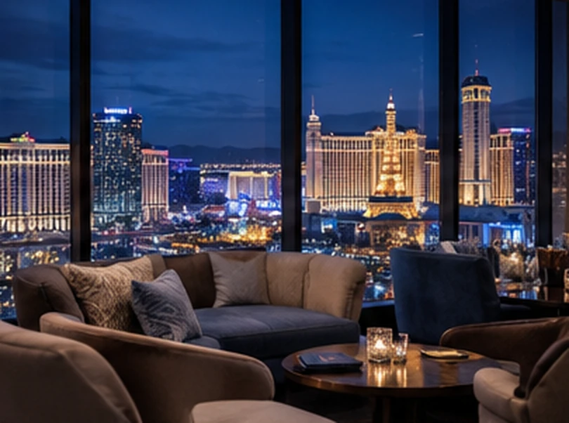 Quiet casino resort lounge overlooking the Las Vegas skyline