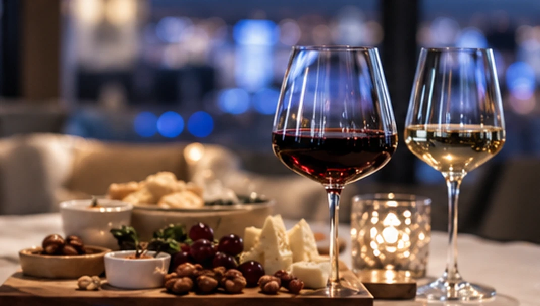 Red and white wine served with a cheese board in an elegant lounge