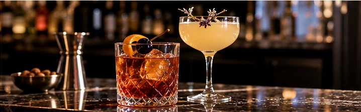 A classic cocktail and a glass of wine on a polished resort bar